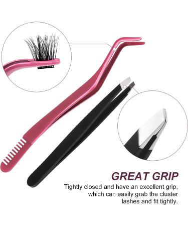 FADVAN Pink Stainless Steel Lash Applicator Tool Set - 2 Pcs Cluster Lash Tweezers with Eyebrow Tweezers for DIY Eyelash Extensions - Buy Online on SooperMarket.com
