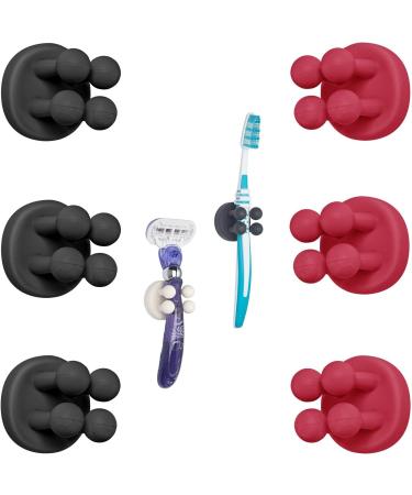 Tecbull Funny Hooks toothbrush holder razor holder shower razor bracket without drilling toothbrush holder Self -adhesive clamping holder for toothbrushes (6x black/red + 6x replacement glue pad) TB exclusive - 3x black + 3x raspberry