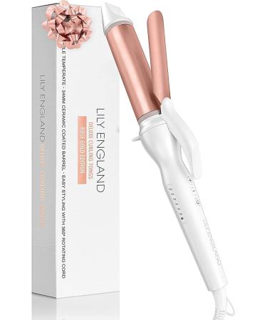 Pro Curling Tongs 34mm Ceramic Curling Wand for Short to Long Hairstyles - Easy to Use Hair Curler - 100 C -200 C Temperature 2M Swivel Cord Rose Gold by Lily England (34mm) Rose Gold & White