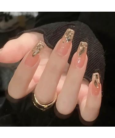 Hkanlre Bling Coffin Press on Nails Fake Nails Tips Full Cover Medium False Gradient Nails for Women and Girls 24PCS (Gold Coffin)