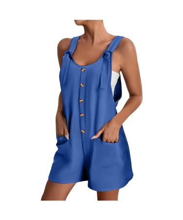 WILLBEST Women's Casual Dungarees Summer Overalls Jumpsuits Short Sleeve Straps Straight Wide Leg Long Pant Romper with Pockets 845-oyvsw-5-blue M