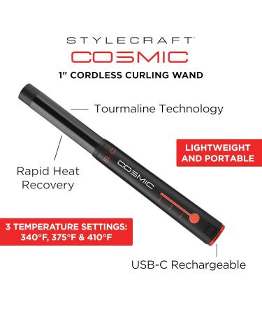 StyleCraft Cosmic Cordless Hair Curling Wand - 1-Inch USB-C Rechargeable Hair Styler for Effortless Curls - Buy Online on SooperMarket.com