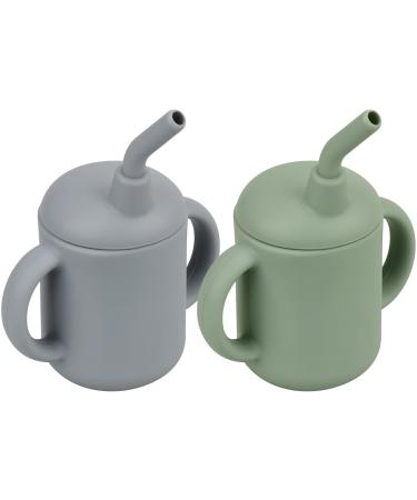 Mintlyfe Baby Trainer Cup Silicone Training Cup with Handles Lid and Straw BPA-Free Unbreakable Spill Proof and Non-Slip Handles Sippy Cup for Toddlers 4 oz Pack of 2 (Sage & Ether)