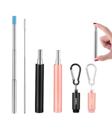 2 Pack Reusable Metal Straws Collapsible Stainless Steel Drinking Straw Travel Portable Telescopic Straw with Case,2 Cleaning Brushes Included Black/Rose Gold Black-Rose Gold