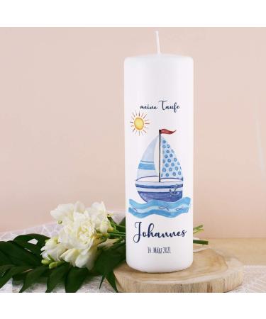 Striefchen Personalized Baptism Candle for Boys - Custom Name Date & Saying - 8x25 cm Sailing Ship Design | International Shipping - Buy Online on SooperMarket.com