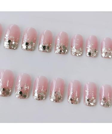 RikView Short Square Pink Press on Nails with Clear Acrylic & Sequins - Set of Fake Nails - Buy Online on SooperMarket.com
