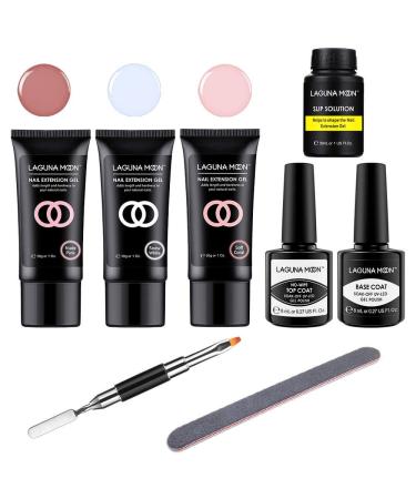 Lagunamoon Nail Extension Poly Gel Nail Arts Tools Set UV LED Soak Off Varnish Lacquer No Wipe Top Base Coat Manicure Tools Gel Nail Polish Slip Solution Xmas Gift Kits Soft Coral Set