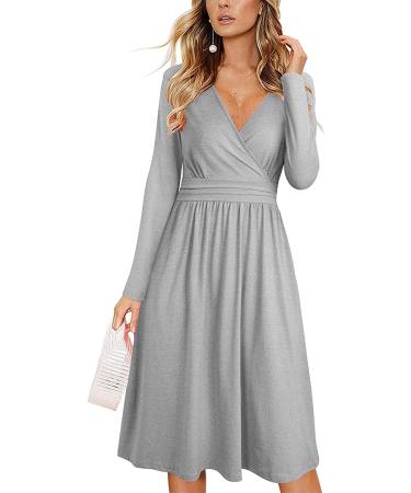 OUGES Women's Spring Casual Midi Dress Long Sleeve V-Neck Floral Ladies Wrap Dress with Pockets XL Light Gray