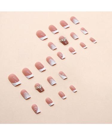 Luxury Pink Square Press on Nails with Rhinestone Design - Short French Tip Acrylic Artificial Nails - Buy Online on SooperMarket.com