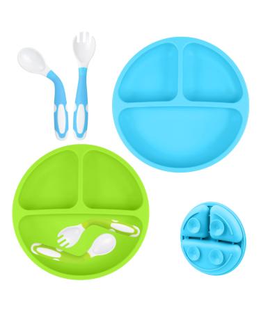 Vicloon Baby Plate Silicone Suction Toddler Plates 2Pcs Baby Suction Plates Non Slip Silicone Baby Weaning Plate Divided Dishes for Toddler Kids Self Feeding Fits for Most Highchairs Trays Blue/Green