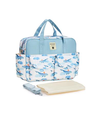 SONARIN Stylish Large Capacity Baby Nappy Changing Tote Bag Waterproof Baby Changing Bag Satchel Messenger Bag Portable Travel Diaper Bag with Shoulder Strap & Changing Mat Whale