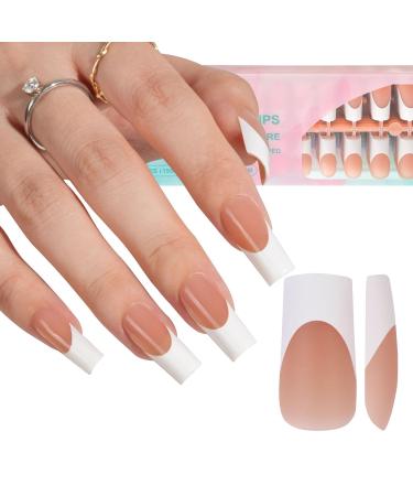 Misssix French Gel Nail Tips 240Pcs French Tip Press on Nails Long Square Brown No Need to File 3 in 1 Tips Pre-lasting Fake Nails for Nail Art DIY 15 Sizes French A-Long Square