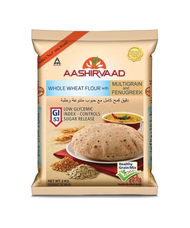 AASHIRVAAD Whole Wheat Flour with Multigrain & Fenugreek Low Glycemic Low sugar 2kg Healthy with Rich Flavour from Fenugreek For fresh roti paratha bread or pastries