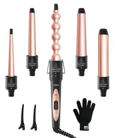 5 in 1 Curling Iron Wand Set Ohuhu Upgrade Curling Wand With 5Pcs 0.35 to 1.25 Inch Interchangeable Ceramic Barrels and Heat Protective Glove Dual Voltage Hair Curler for All Hair Types Rose Gold Rose Golden