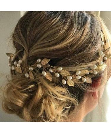 Prosy header bridal jewelry for wedding hair vine with leaves and pearls headdress for bride hair accessories for women and girls gold -colored