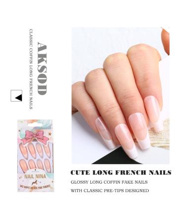 Aksod Long Coffin French Manicure Press on Nails Tips - Glossy Pink Fake Nails - 24Pcs Full Cover False Nails for Women and Girls - Buy Online on SooperMarket.com