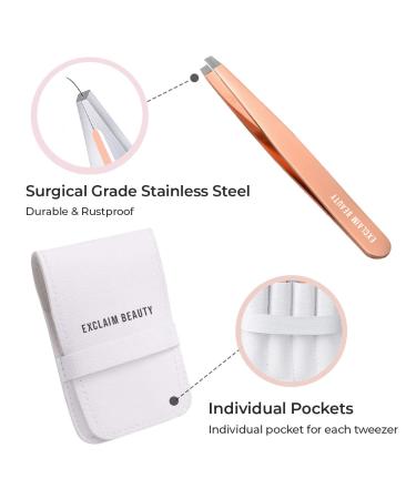 EXCLAIM BEAUTY 4-Piece Stainless Steel Precision Tweezers Set for Men & Women - Eyebrow, Splinter, and Ingrown Hair Removal - Includes Leather Case - Rose Gold - Buy Online on SooperMarket.com