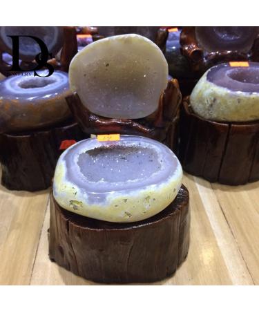 Natural Crystal Rough for Natural Agate Geode Bowl Crystal Quartz Hollow Sphere Natural Rough Drusy Cluster Agate Treasure Basin Carnelian Wooden Stand (Color : 0.65-0.95 Kg)