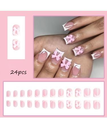 White French Tip Press on Nails with Pink Bow | Short Square Glue on Acrylic Manicure Art | 24 Pcs Glossy Nude Pink Fake Nails for Women & Girls - Buy Online on SooperMarket.com