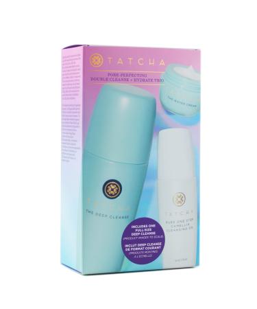 TATCHA Pore-Perfecting Double Cleanser + Hydrate Trio Set: The Deep Cleanse 5 oz  Pure One Step Camellia Cleansing Oil 1.7 oz & The Water Cream 0.33 oz