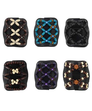Yeshan Magic Hair Side Combs for Women Wood Beaded Stretch Double Hair Side Combs Clips Bun Maker Hair Accessories Pack of 6 No9(Mixed 6 colors)