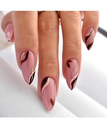JUSTOTRY 24 Pcs Glitter Wavy Stiletto False Nails Short Maroon French Press on Nails Pattern Pretty Fake Nails Short with Nail Glue Almond Stick on Nails for Women Nails Fake Nail for Nails Art Maroon&glitter1