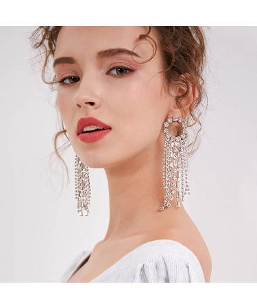 Missgrace Dainty Rhinestones Tassel Long Earrings Set - Silver Layered Dangle Hoop Studs for Women & Girls - Buy Online on SooperMarket.com