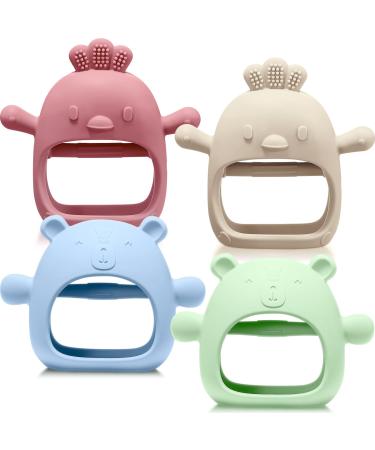 Woanger 4 Pcs Baby Teething Toys Bear Hand Teethers for Babies Silicone Chick Teething Toys for Babies Over 3 Months Anti Dropping Wrist Mitten for Sucking Needs (Blue  Dark Green  Yellow  Maroon)