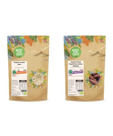 Wholefood Earth Organic Jumbo Oats 3 kg | Vegan | High Fibre | Certified Organic & Organic Dried Deglet Nour Dates (Pitted) 1 kg | GMO Free | Raw | Vegan | High Fibre | Certified Organic + Deglet Nour Dates