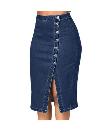 Sanahy Womens Fashion Long High Waist Button Pocket Front Fishtail Denim Maxi Skirts Plus Size Knee Length Casual Jean Skirts S Blue
