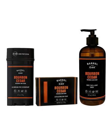 Barrel and Oak - Men's Body Care Set Bourbon Cedar Scented Variety Pack Essential Oil-Based Scent Cedarwood & Bourbon Aroma Bar Soap (6 oz) Body Wash (16 oz) & Deodorant (3 oz) | 3-Pack