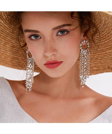 Missgrace Dainty Rhinestones Tassel Long Earrings Set - Silver Layered Dangle Hoop Studs for Women & Girls - Buy Online on SooperMarket.com