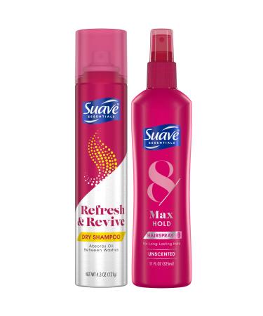Suave Essentials Hair Care Bundle Refresh & Revive Dry Shampoo Scented + Max Hold Hairspray Non-Aerosol Unscented (2 Piece Set) Pink