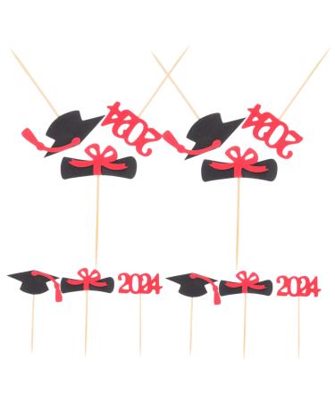COOLHIYA 12pcs 2024 Graduation Season Cake Insert Graduation Cake Toppers Graduation Party Decorations Top Hat Graduation Dessert Toppers Cupcake Decorations Paper Cup Insert Card Red 9.50X6.00X0.20CM