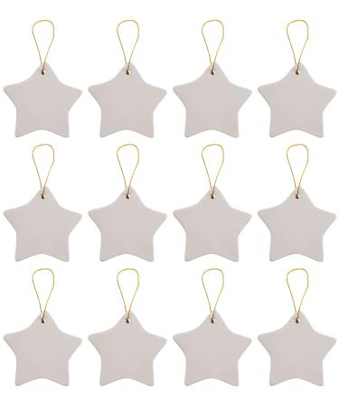 Ready to Paint DIY Ceramic Bisque Star Shaped Ornaments with Hanger for Christmas Tree and Holiday Decoration | 12 Pack