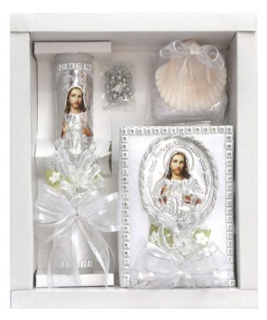 Lito White Jesus Baptism Candle Set Kit for Christenings with Shell and Favors - Spanish