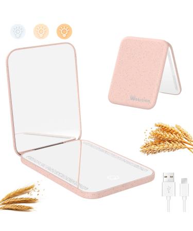 wobsion Wheat Straw Compact Mirror with Light Rechargeable Natural Organic Wheat Straw Fiber Small Pocket Mirror 1x/3x Magnifying Portable Travel Makeup Mirror for Handbag Gifts for Girls(Pink) Wheat Pink Rechargeable
