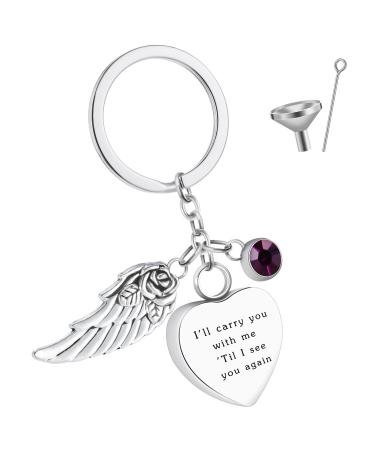 ALTcompluser Personalised Angel Wing Heart Urn Keyring for Ashes Birthstone Urn Keychain Memorial Ashes Keepsake Cremation Jewellery for Ashes(Style B February)