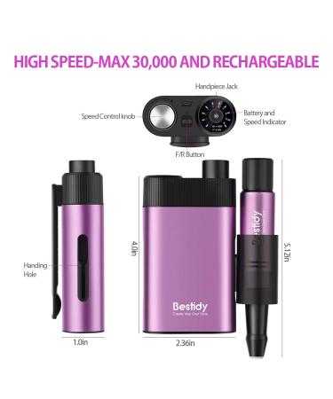 Bestidy 30000RPM Rechargeable Nail Drill Kit for Acrylic and Gel Nails - Professional Efile for Manicure, Pedicure, and Polishing (Purple) - Buy Online on SooperMarket.com