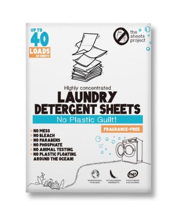 Laundry Detergent Sheets Eco-friendly Hypoallergenic 20 Sheets 40 Loads No Plastic Highly Concentrated Formula Liquidless Technology Fragrance-free