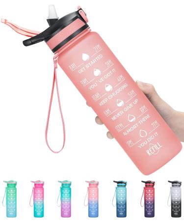 ELYPHINE 32/24 oz Water Bottles with Removable Straw & Time Marker, Motivational Sports Bottles with BPA Free Tritan Material, Leakproof Water Jug for Fitness 32OZ Veiled Rose