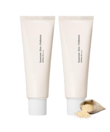 Sunscreen SPF 50+ Sun Cream with Rice + Probiotics Moisturizing Suncream Sun Lotion for Face Body UVA&UVB Protetion Refreshing Non-Greasy No White Cast with Rice Extracts 2 * 50ml 1