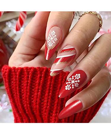 Vatocu Christmas False Nails Short Red Press on Nails Snowflakes Elk Fake Nails Snowman Acrylic Stick on Nails for Women and Girls(24pcs)