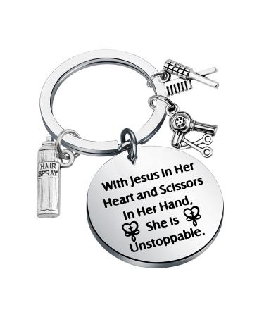 PLITI Hair Stylist Keychain Hairdresser Gift Cosmetology Graduation Gift Hair Barber Gift Hairstylist Birthday Key rings Jesus and Scissors Ky