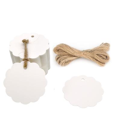 100PCS Craft Scalloped Paper Gift Tags with Natural Jute Twines for Birthday Party, Wedding Decoration Gifts, Arts & Crafts (Pure White) White-blank