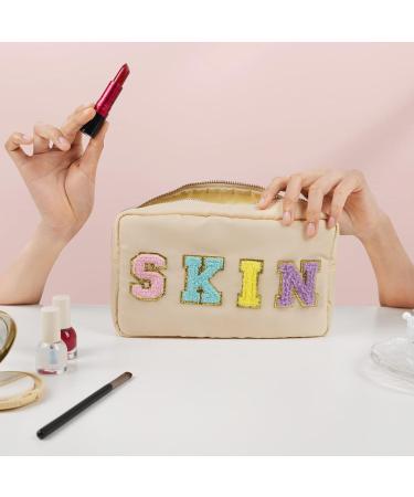 Chenille Letter Nylon Waterproof Makeup Bag for Women - Beige-Skin Travel Organizer Pouch for Toiletries and Cosmetics - Buy Online on SooperMarket.com
