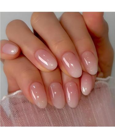 24Pcs Acrylic Almond Press on Nails Short Round Fake Nails White Ombre False Nails with Almond Shape Press on Nails Designs Nails Press on Artificial Nails Stick on Nails For Women Girls