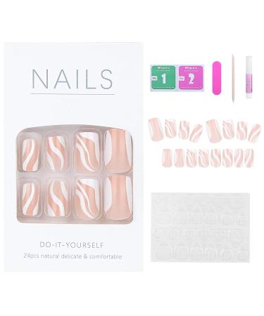 24 Pcs Short Press on Nails Luvehandicraft Glossy Coffin False Nails with Glue - Pink White Swirl | For Women and Girls | 28 Piece Set - Buy Online on SooperMarket.com