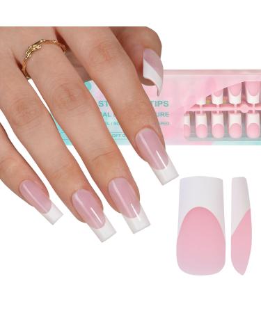 Misssix French Gel Nail Tips 240Pcs French Tip Press on Nails Long Square Pink No Need to File Tips Pre-lasting Fake Nails for Nail Art DIY 15 Sizes French B-Long Square