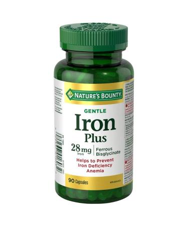 Nature's Bounty Gentle Iron Supplement Helps Prevent Iron Deficiency Anemia 28mg 90 Capsules Multi-colored Iron Supplement 90 count (Pack of 1)